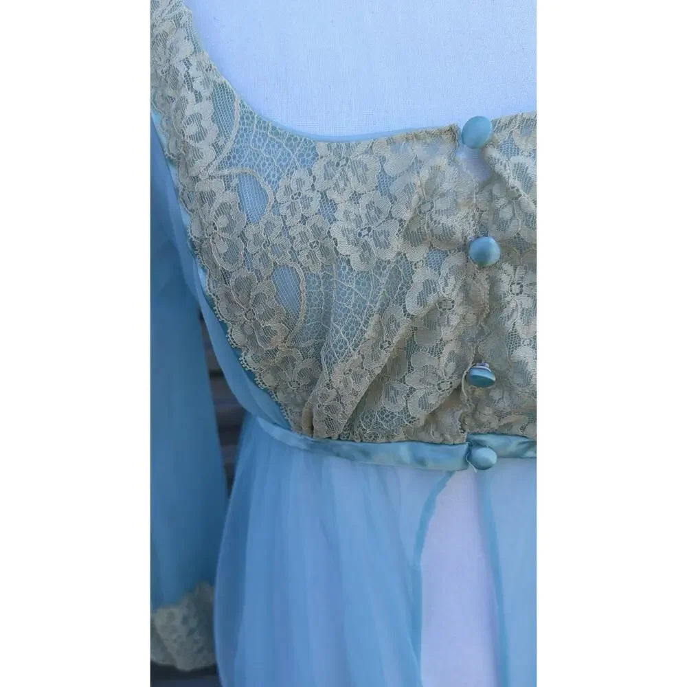 Vintage 1960s Blue Nylon Peignoir Robe With Chantilly Lace Juliette Style